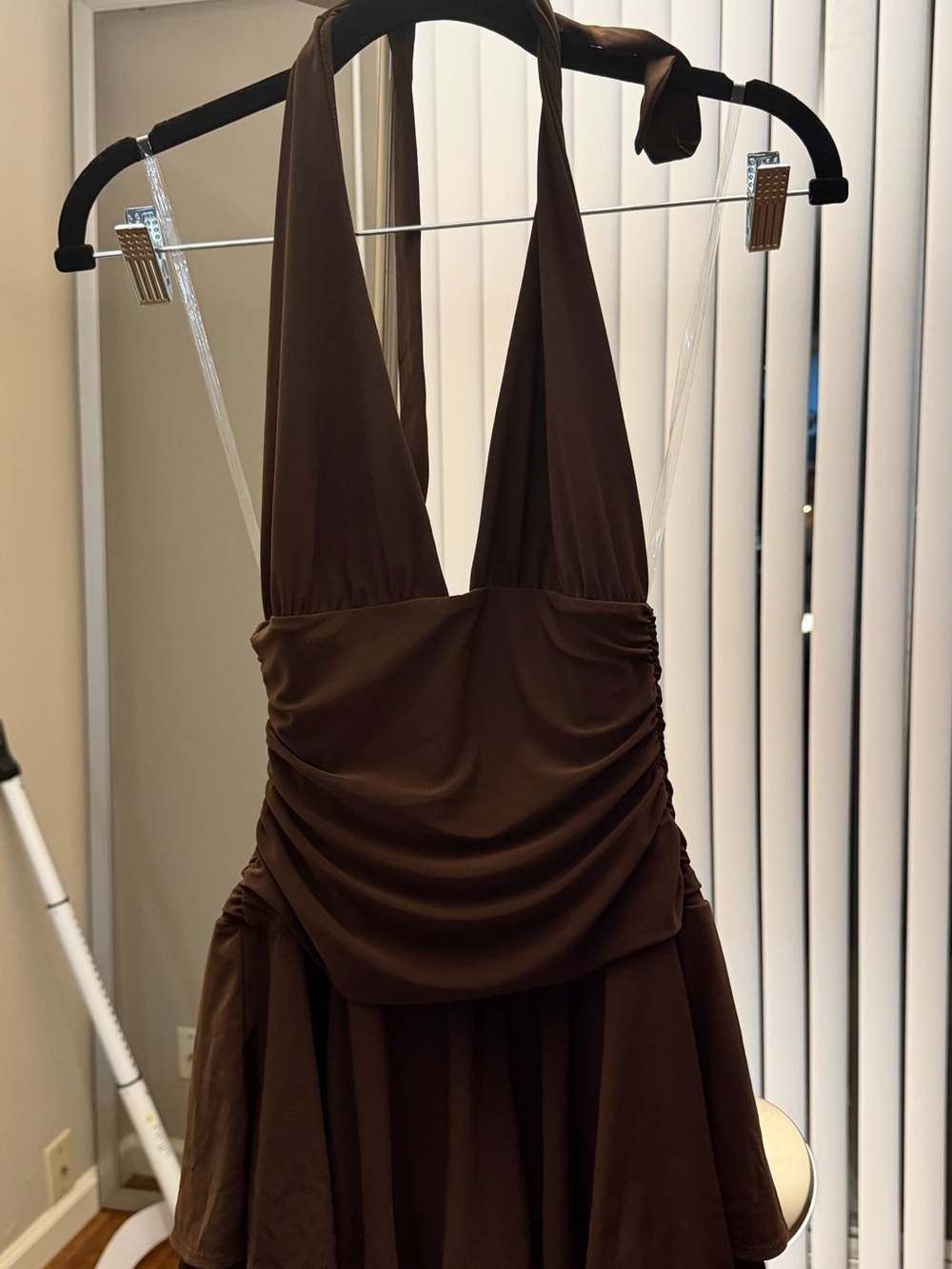 Windsor Brown Halter Ruched Skirted Slip Dress